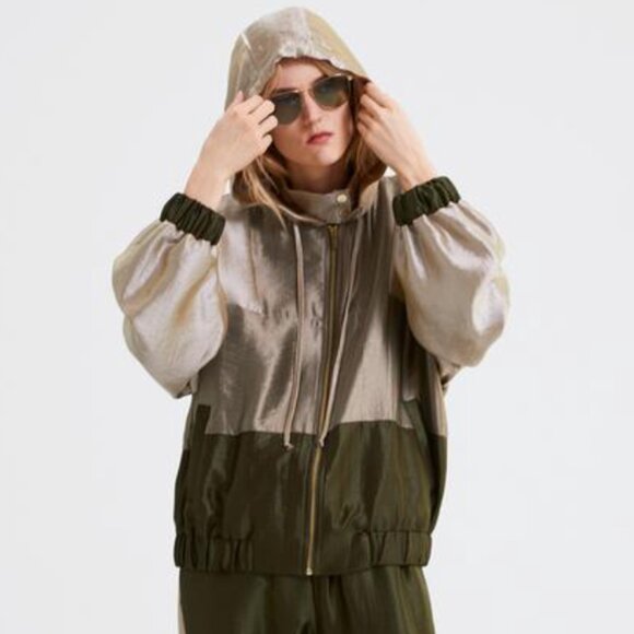 Zara Metallic Shimmer Colorblock Hooded Zip Up Windbreaker Jacket S Olive - Picture 1 of 13